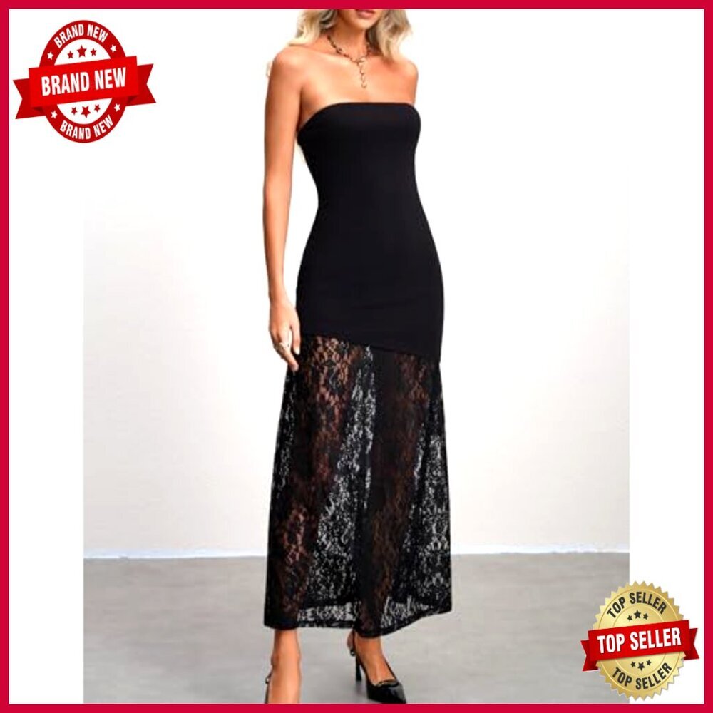 Strapless Backless Midi Dress with Lace Hem, Tube Top, Zipper Closure - Picture 5 of 7